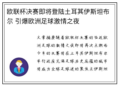 欧联杯决赛即将登陆土耳其伊斯坦布尔 引爆欧洲足球激情之夜